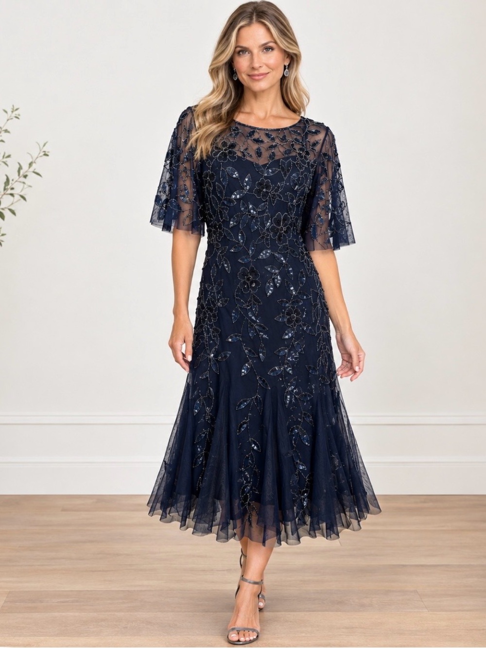 Adrianna Patell Twilight Beaded Midi Dress NWT Sz 12 $279 Flutter Sleeve Formal